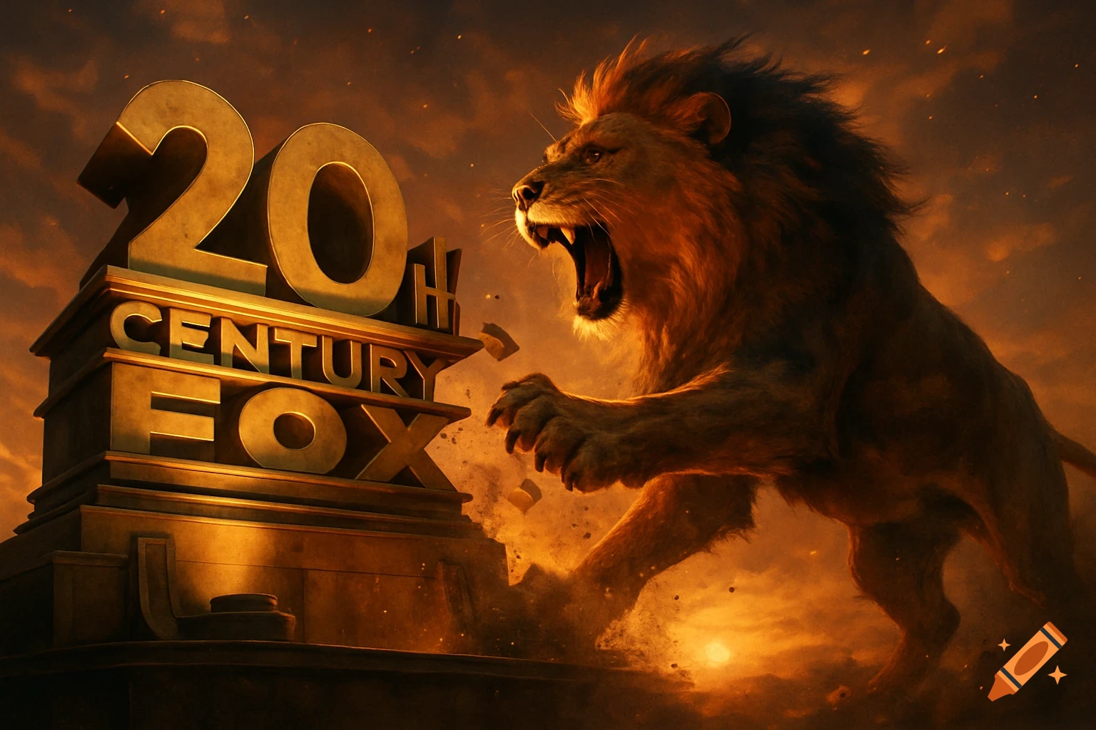 A roaring lion destroys the 20th Century Fox logo against a dramatic, fiery sunset sky.