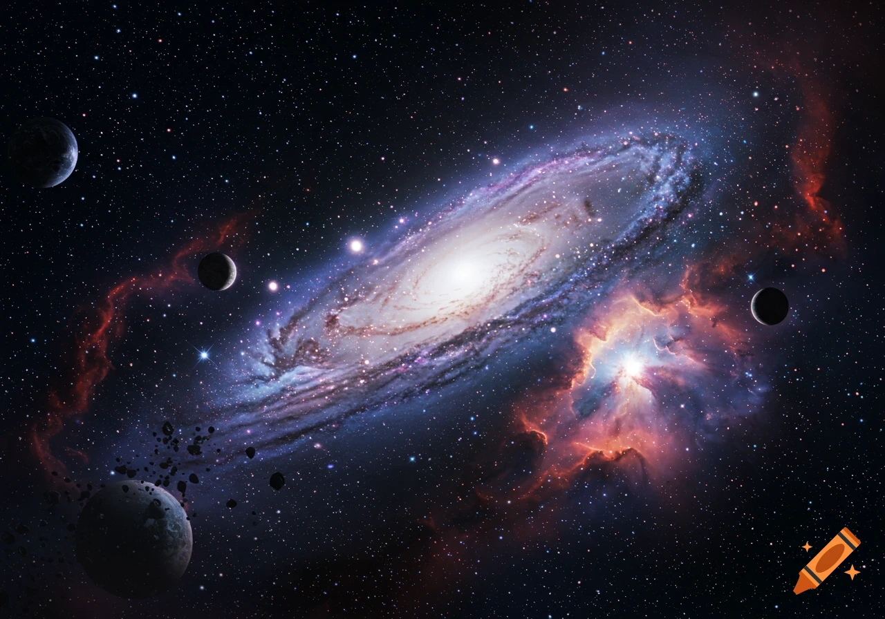 A vibrant galaxy with swirling purple and blue arms, surrounded by planets, stars, and colorful nebulas in deep space.