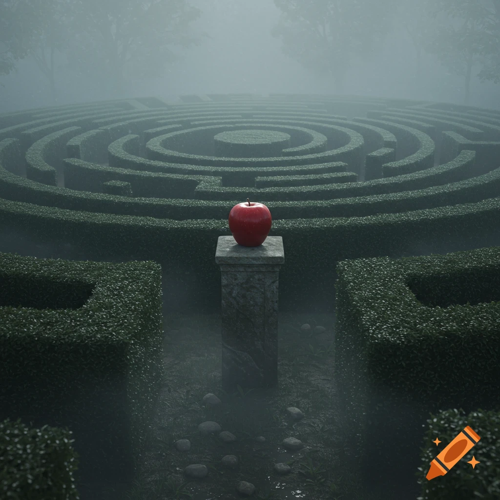 A vibrant red apple sits atop a stone pedestal in the center of a foggy, circular hedge maze.