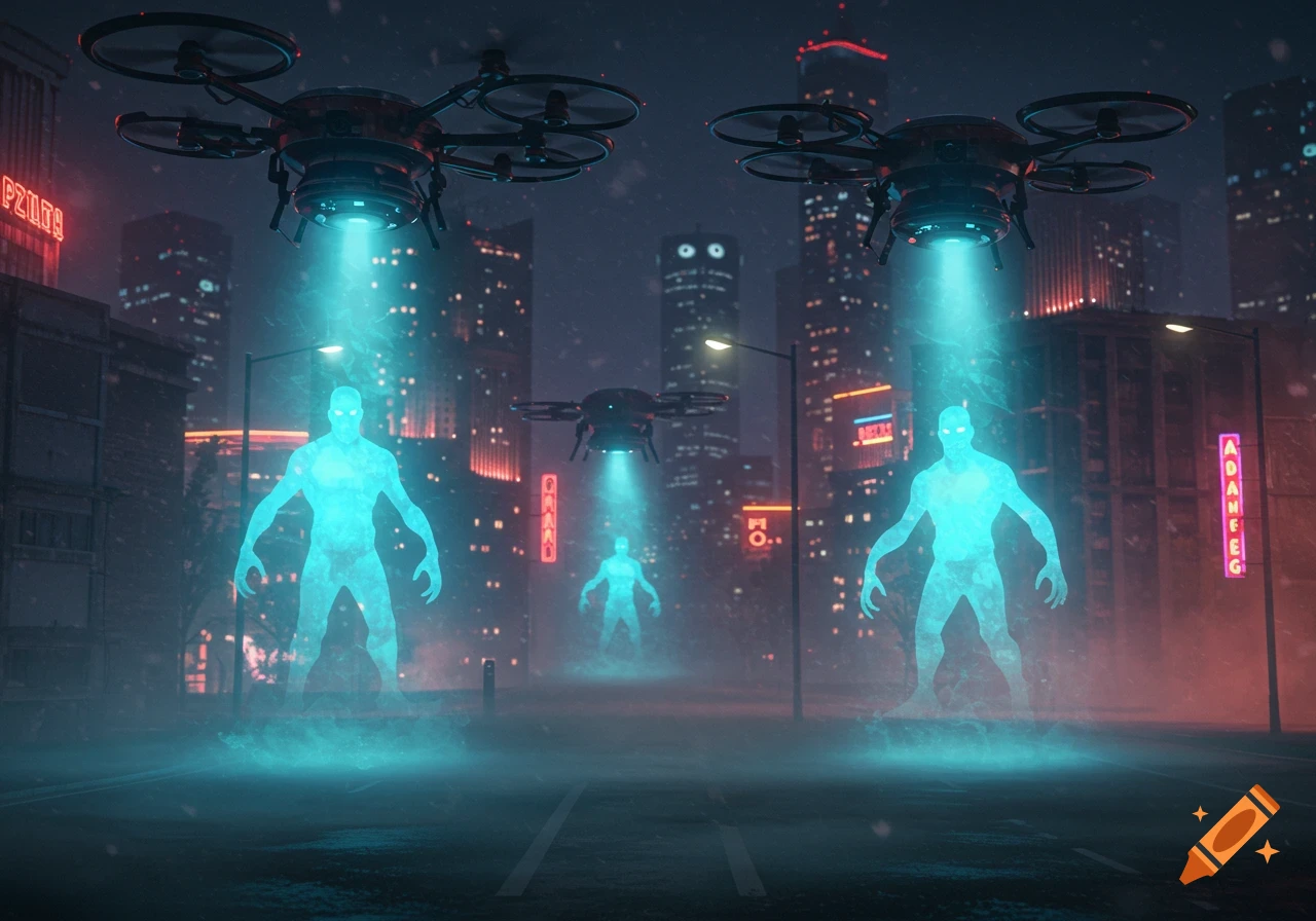 Drones hover over a futuristic city street at night, projecting glowing blue, humanoid monster figures onto the road. Neon signs light up tall buildings in the background.