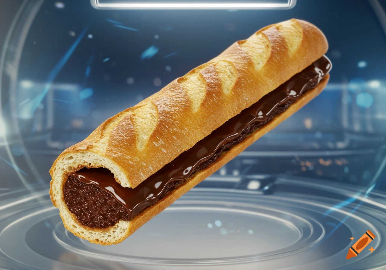 A futuristic French baguette with a rich chocolate filling, suspended in a sci-fi blue background.