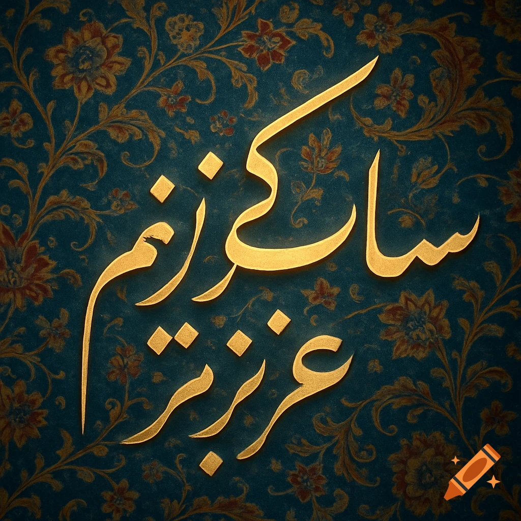 Golden Persian calligraphy on a dark teal background with ornate gold and red floral patterns.
