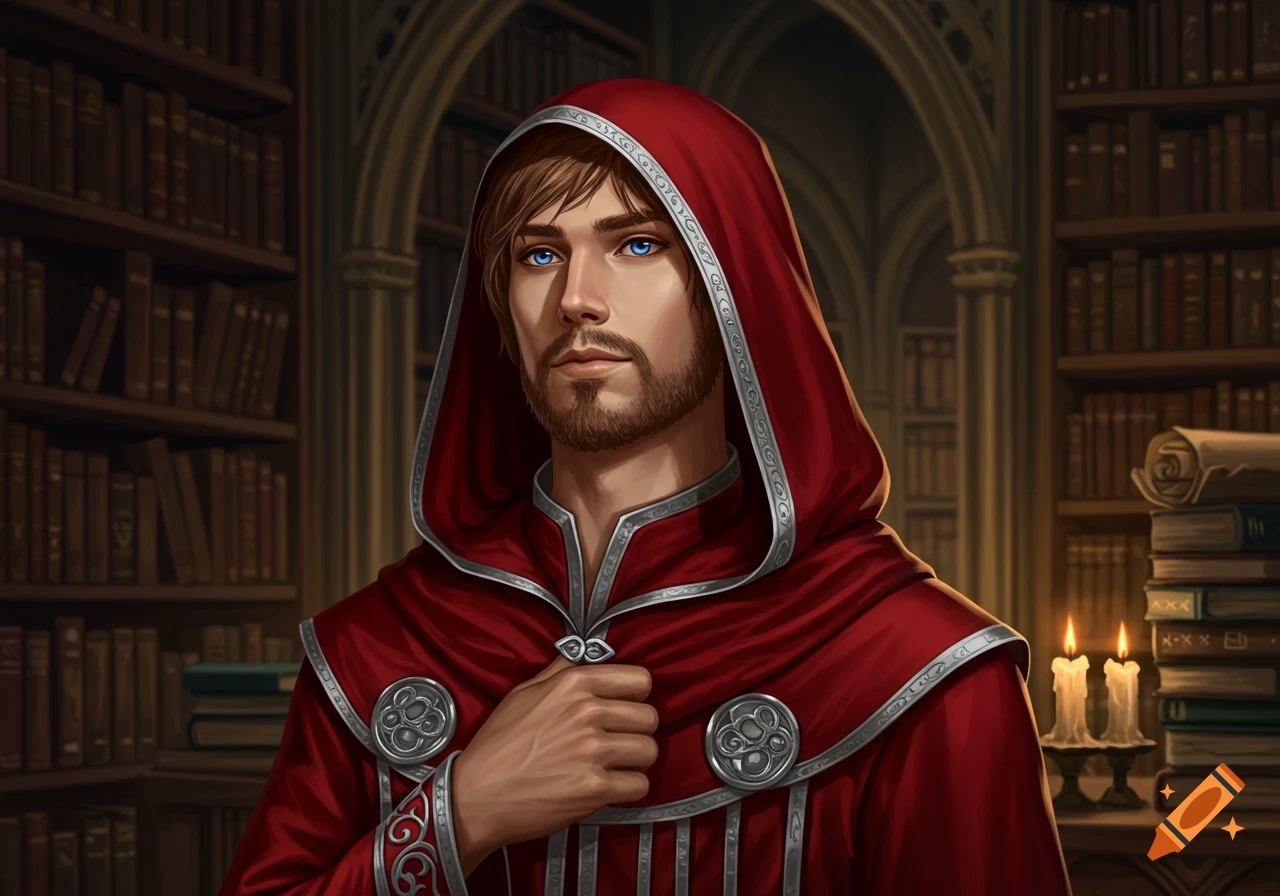 A fantasy portrait of a young male mage in a red hooded robe with silver trim, a trimmed beard, and blue eyes, standing in a library.