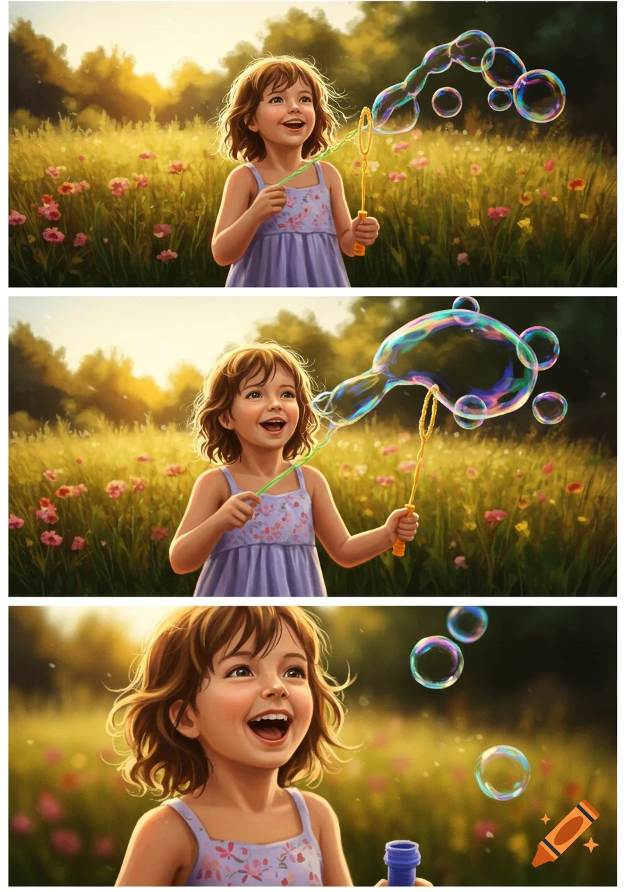 A cheerful young girl in a lavender dress blows colorful bubbles in a sunlit field with wildflowers. Illustrated style.