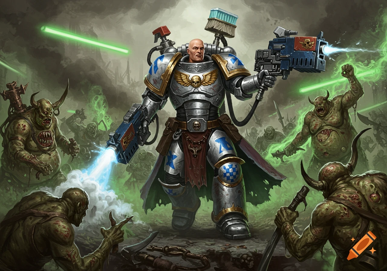 A silver-armored Space Marine with a bald head and cleaning product weapons battles grotesque Nurgle demons in a dark, smoky fantasy setting.
