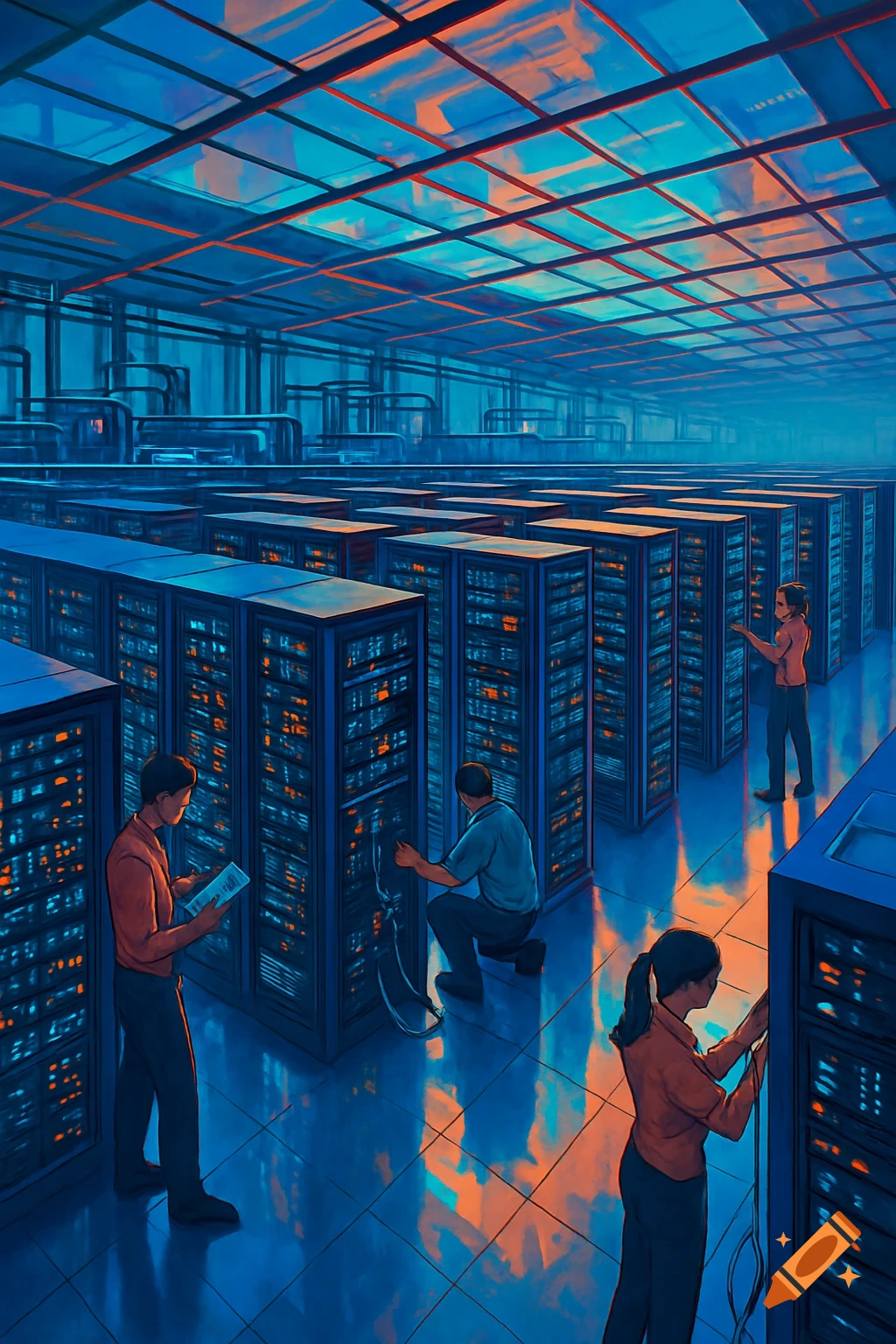 Colorful drawing of a datacenter with glowing server racks. People are working among the rows of IT equipment.