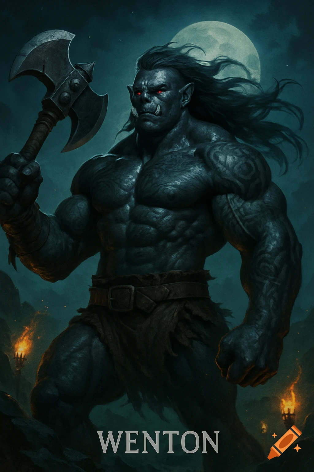 A muscular, dark-skinned orc barbarian with red eyes holds a double-bladed axe. Text 'WENTON' below. Stylized fantasy scene under a full moon.