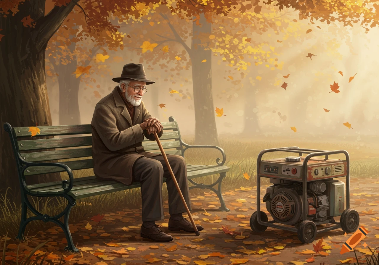 An old man with a beard and hat sits on a park bench, leaning on a cane, looking at a portable generator in an autumn park setting.