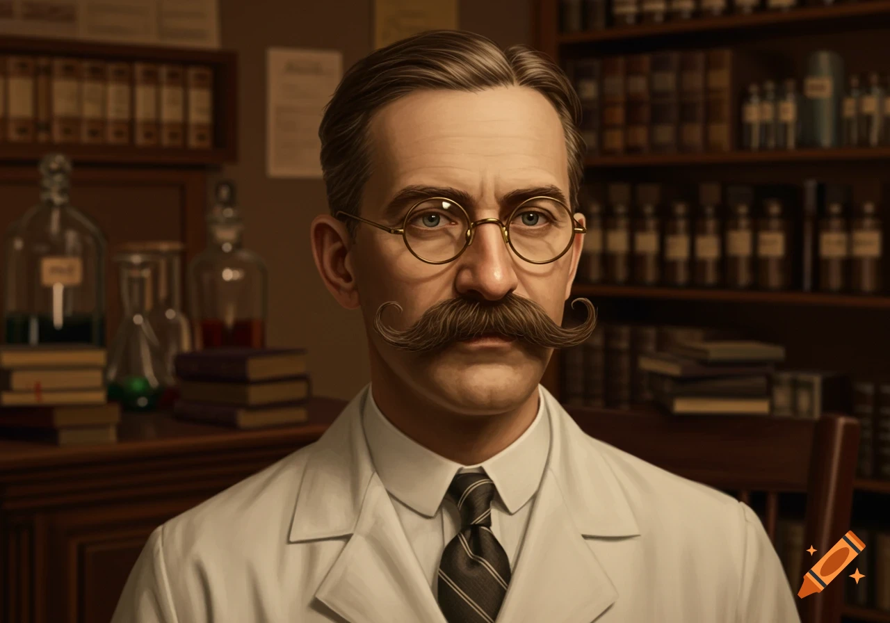 Photorealistic portrait of a 1920s doctor with a mustache and glasses, wearing a lab coat in a vintage study.