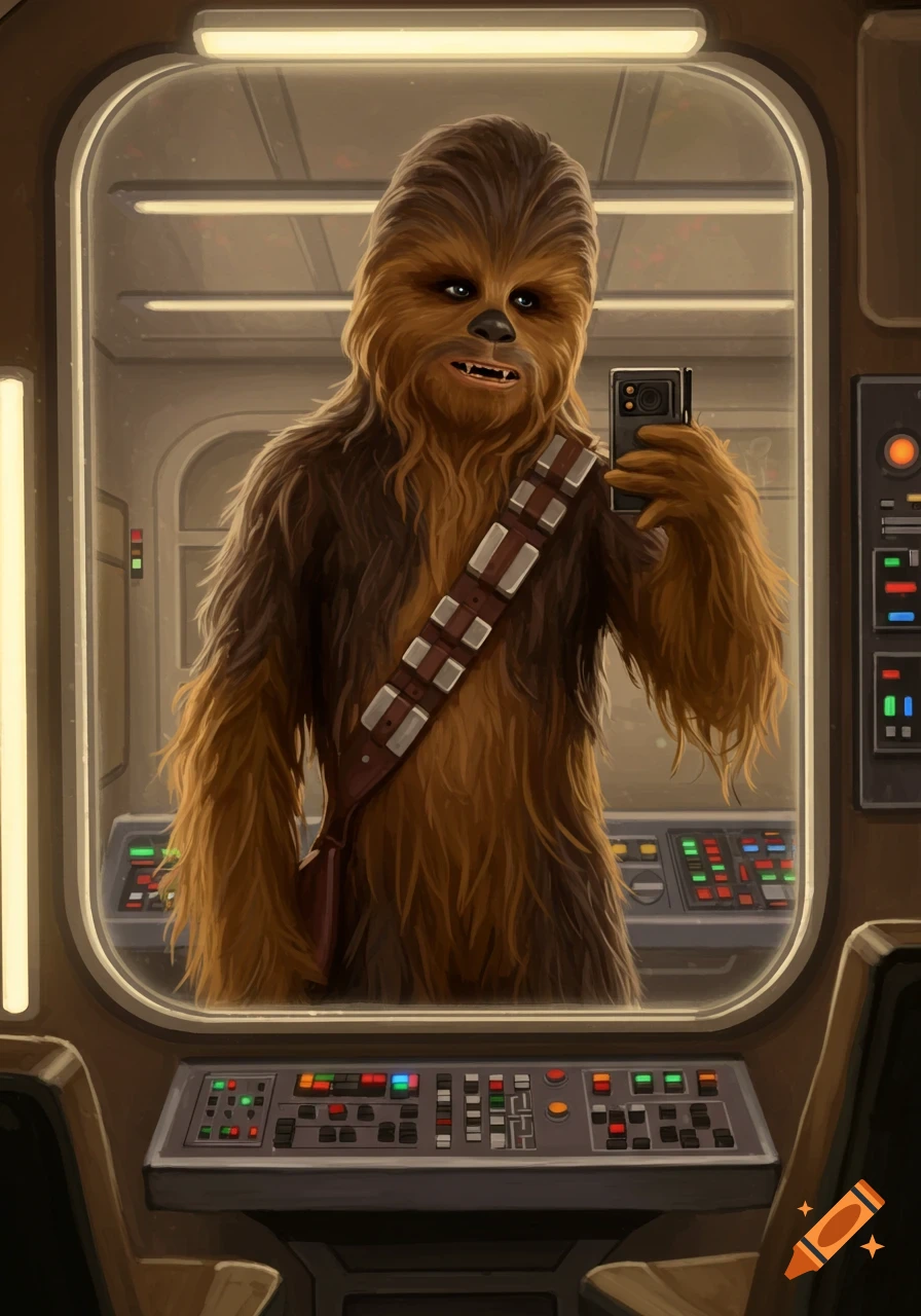 Chewbacca takes a mirror selfie inside a spaceship cockpit, digital illustration.