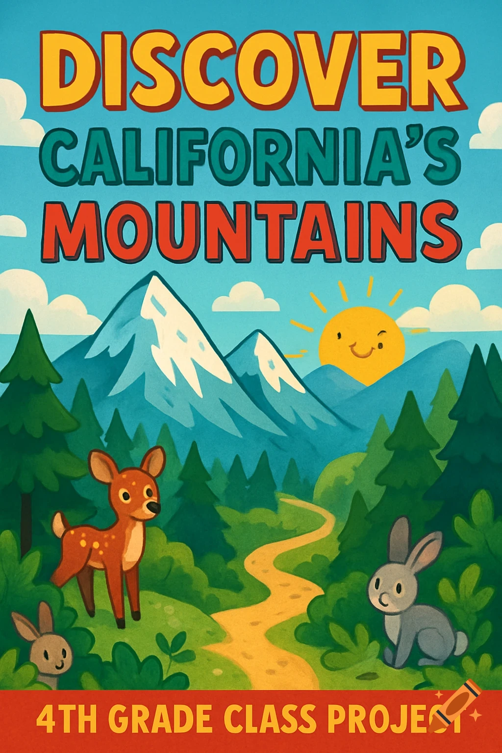 Cartoon-style poster for a 'Discover California's Mountains 4th Grade Class Project' featuring snowy peaks, a forest, a deer, and rabbits.
