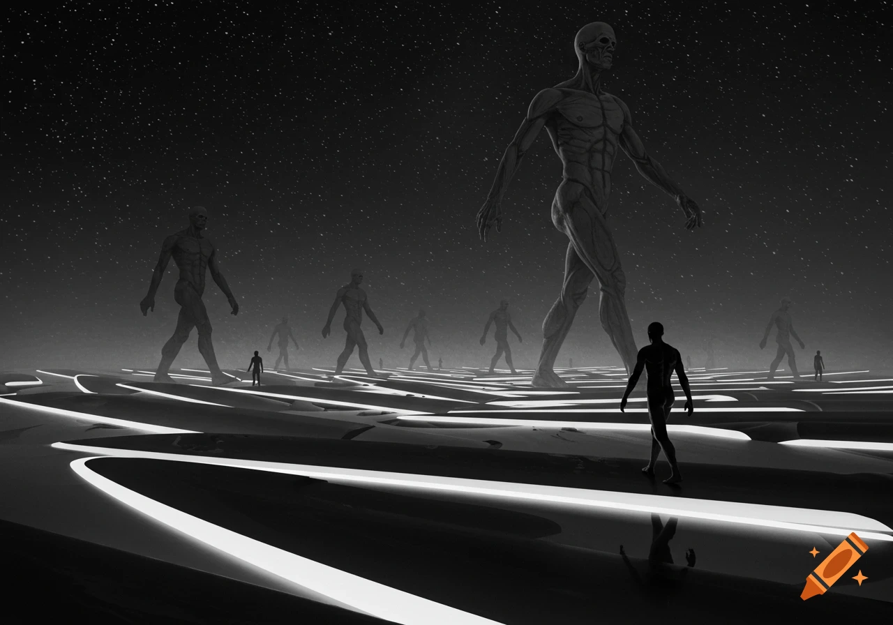 Black and white surreal scene with giant, muscular figures and a small person walking on glowing paths under a starry night sky.