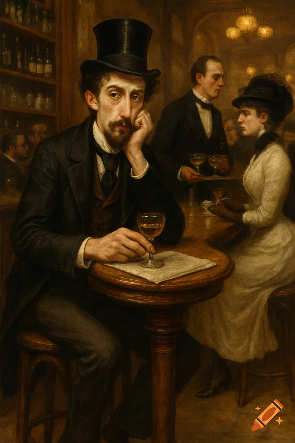 A melancholic man in a top hat sits at a table with a drink in a dimly lit 19th-century cafe, painted in a realistic style.