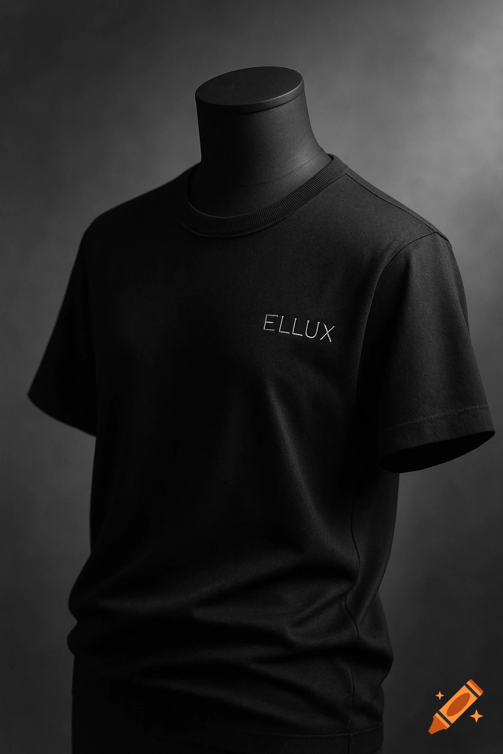 Black t-shirt with 'ELLUX' logo on a dark mannequin, photorealistic product shot.