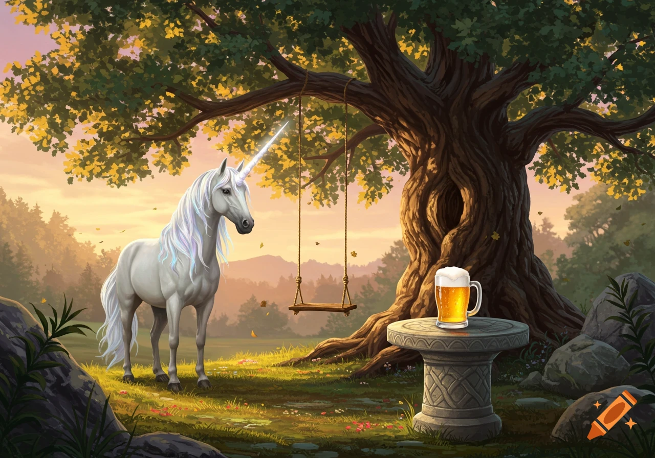 A majestic white unicorn stands under a large tree with a swing, next to a beer mug on a stone pedestal, in a fantasy illustration.