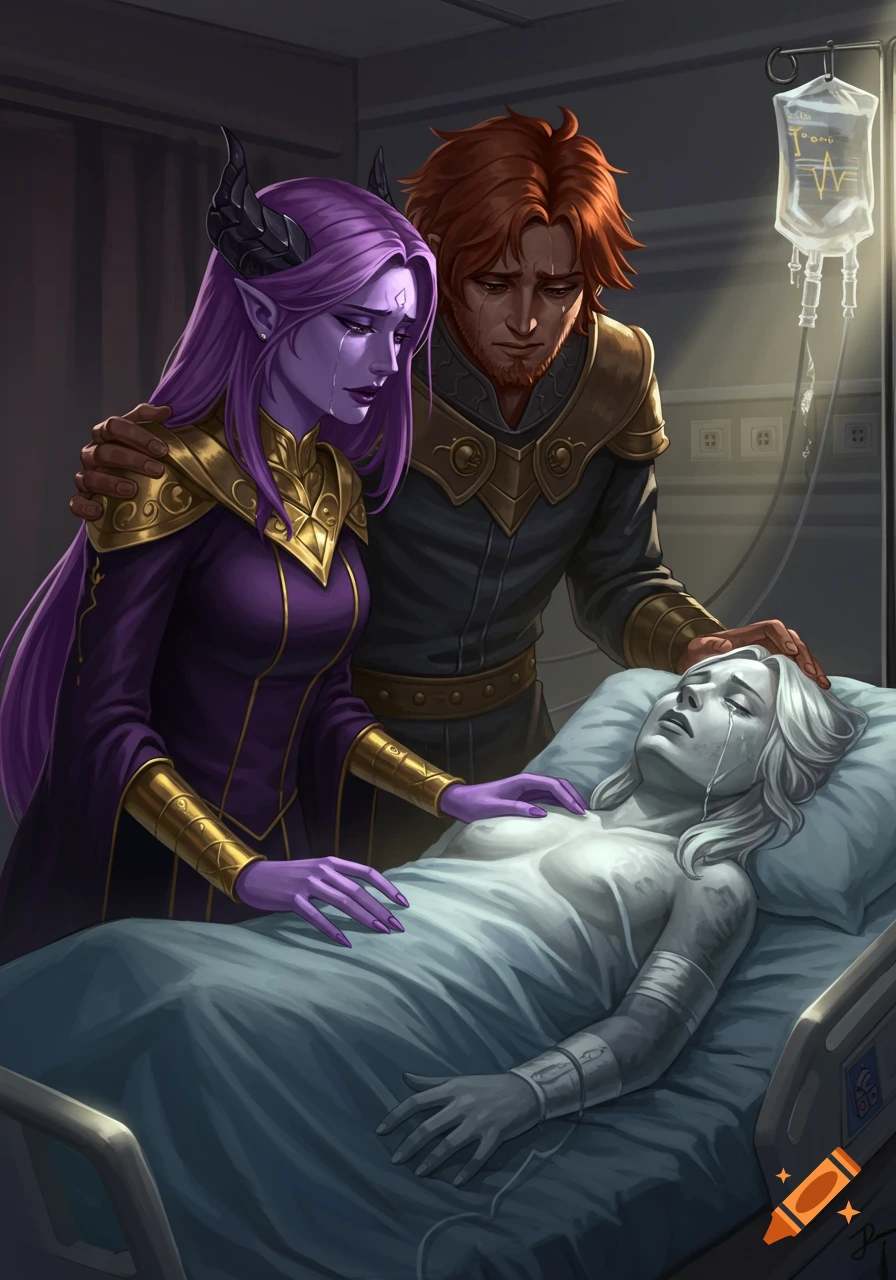 A purple-skinned woman with horns and a red-haired man grieve over a pale, grey-skinned woman in a hospital bed.