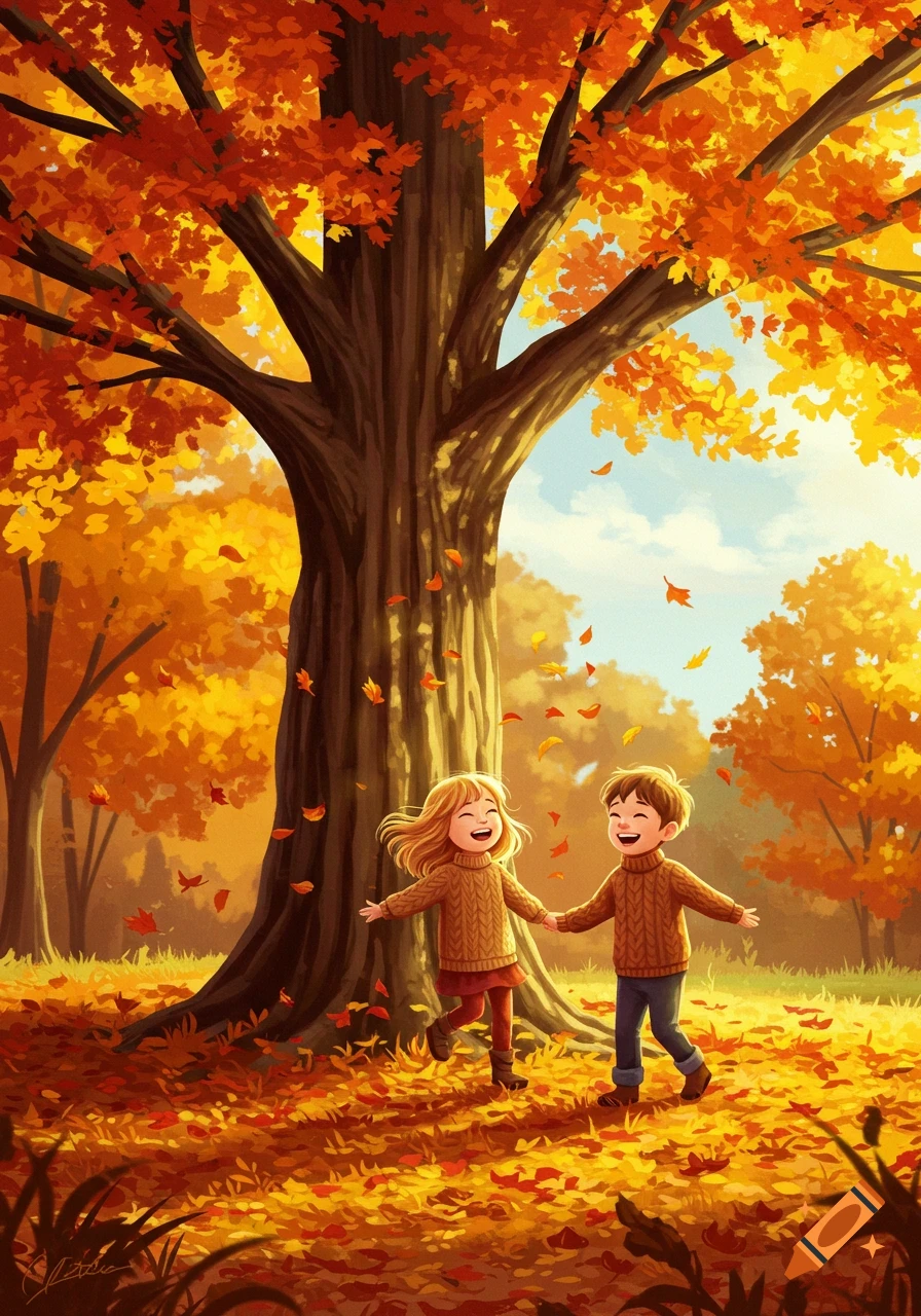 Two smiling children play in a forest filled with golden and red autumn leaves under a large tree, in a vibrant illustration.