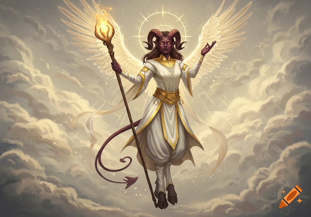 A dark-skinned tiefling cleric with large white feathered wings, horns, a tail, and hooved feet, levitates amidst clouds, holding a flaming staff.