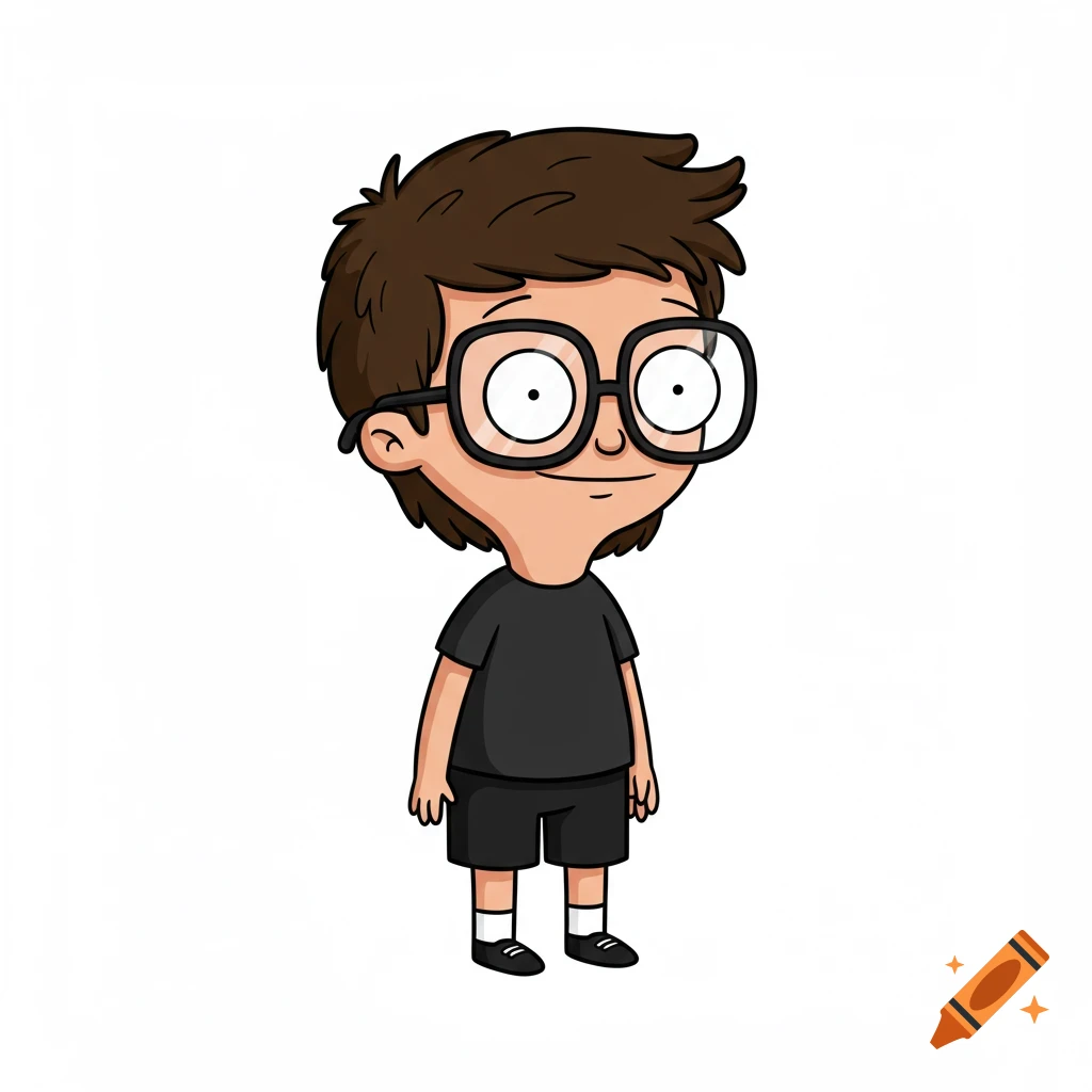 A cartoon kid with brown hair and glasses, wearing a black shirt and black shorts, in the style of Bob's Burgers, on a white background.