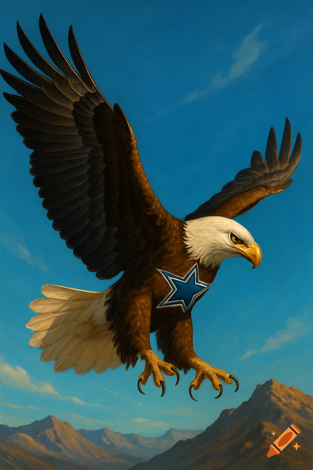A majestic bald eagle with a Dallas Cowboys star logo on its chest soars over a mountain landscape under a blue sky.