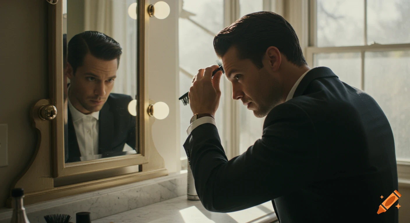 A well-groomed man in a suit styles his hair in front of a mirror in a brightly lit room, reflected in the mirror.