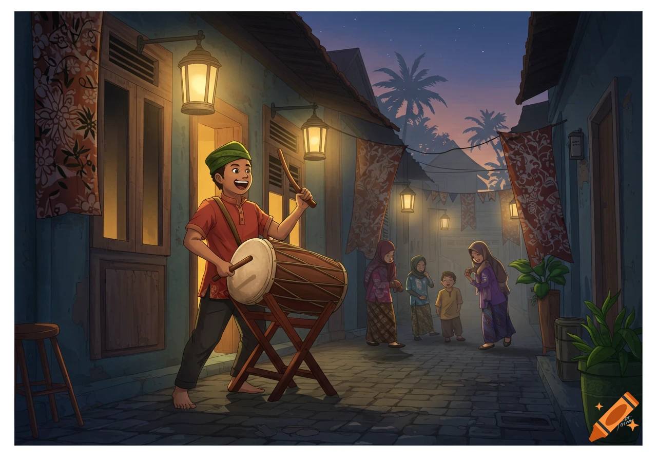 A joyful cartoon boy plays a drum on a village street at dusk, surrounded by children and illuminated by lanterns.