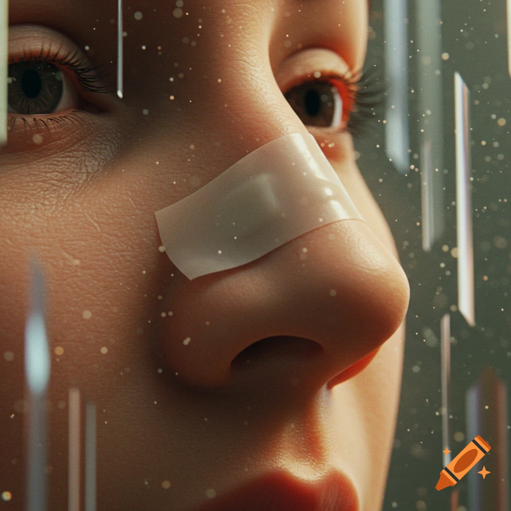 Close-up photorealistic portrait of a person's face with a bandage on their nose, surrounded by particles.