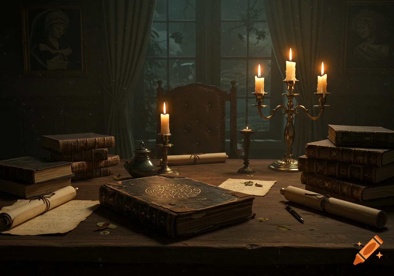 A dark, atmospheric scene of an old wooden desk with several stacks of antique books, scrolls, burning candles in brass holders, and a quill. A magical book with a circular symbol is central. Through a window, a snowy, eerie landscape is visible.