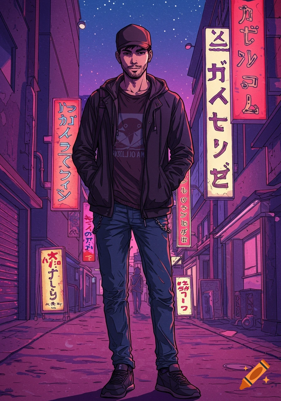 A young man in a hoodie, jeans, and cap stands in a vibrant, neon-lit anime-style city street at night.