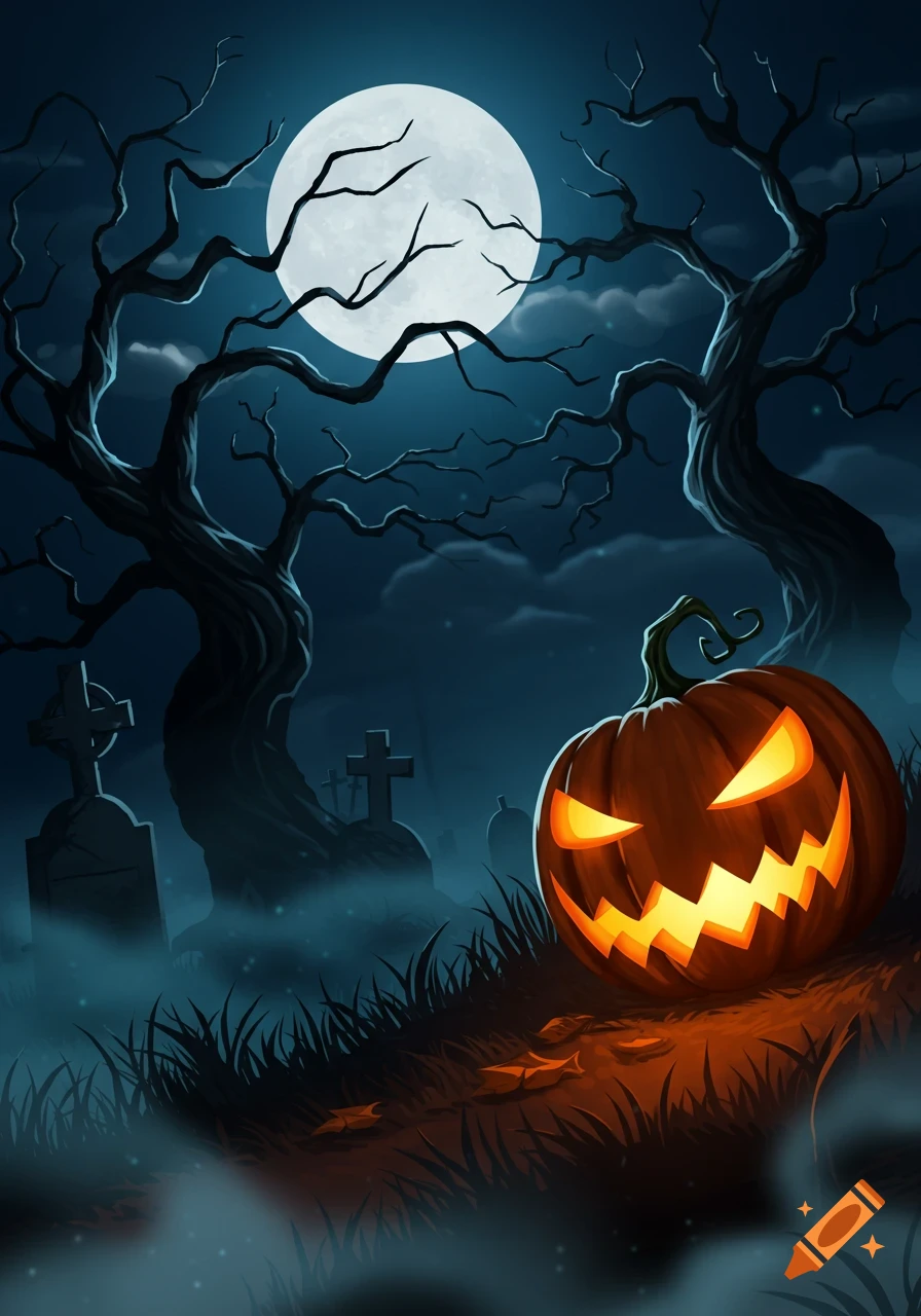 A glowing jack-o'-lantern in a spooky graveyard under a full moon with gnarled bare trees. Stylized illustration.