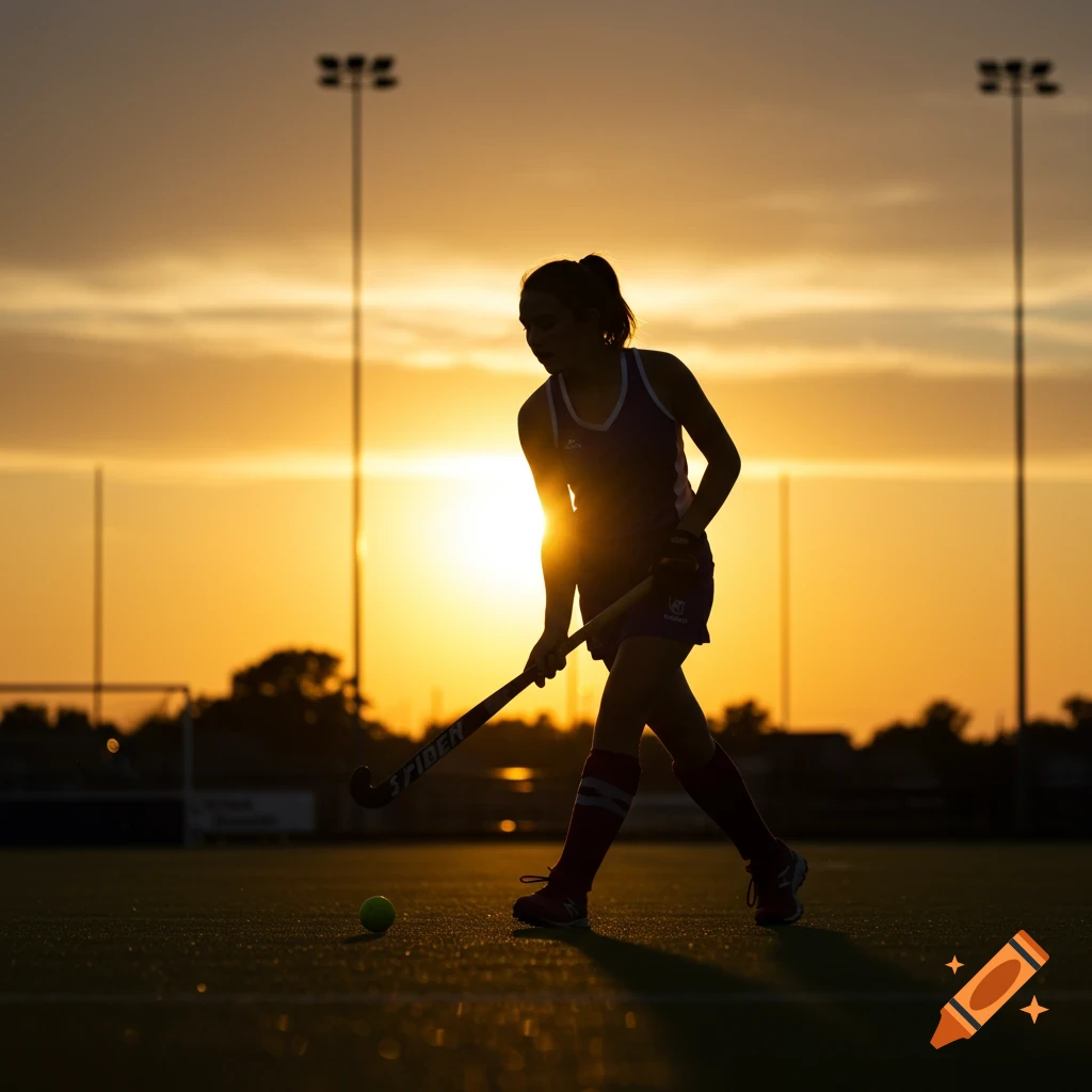 A silhouette of a girl playing field hockey at sunset, with a bright orange sky and stadium lights in the background.