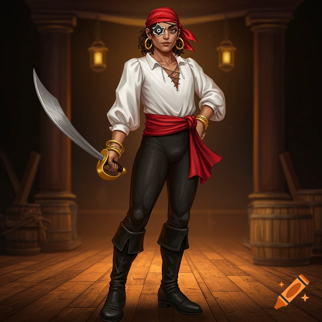A digital illustration of a pirate with an eye patch, red bandana, white shirt, and black pants, holding a saber on a wooden ship deck.