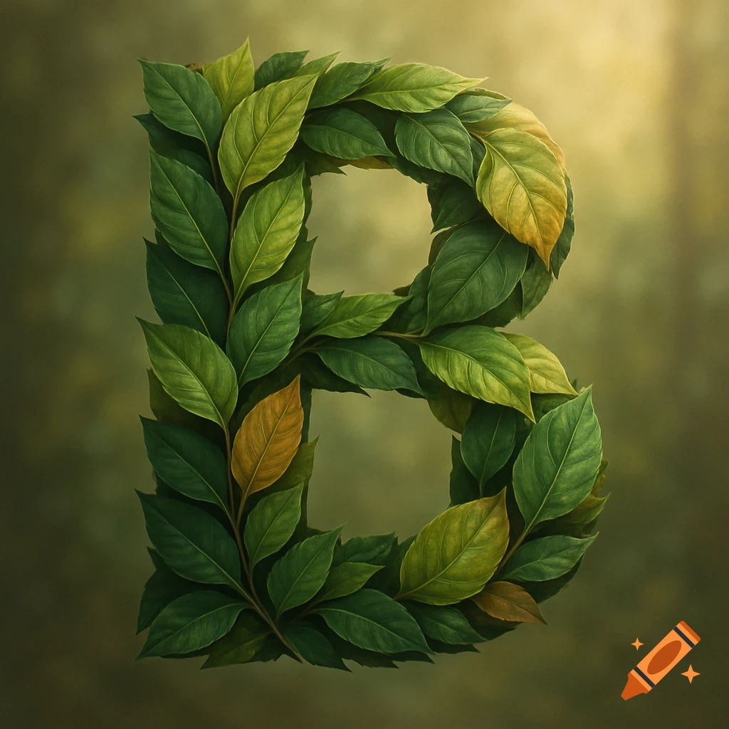 An uppercase letter B intricately formed by green and golden leaves against a soft, blurred green background.