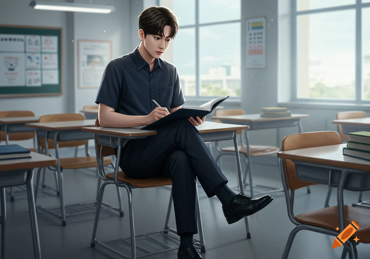 A young man with dark hair sits at a desk in a classroom, writing in a book. Illustrative style.