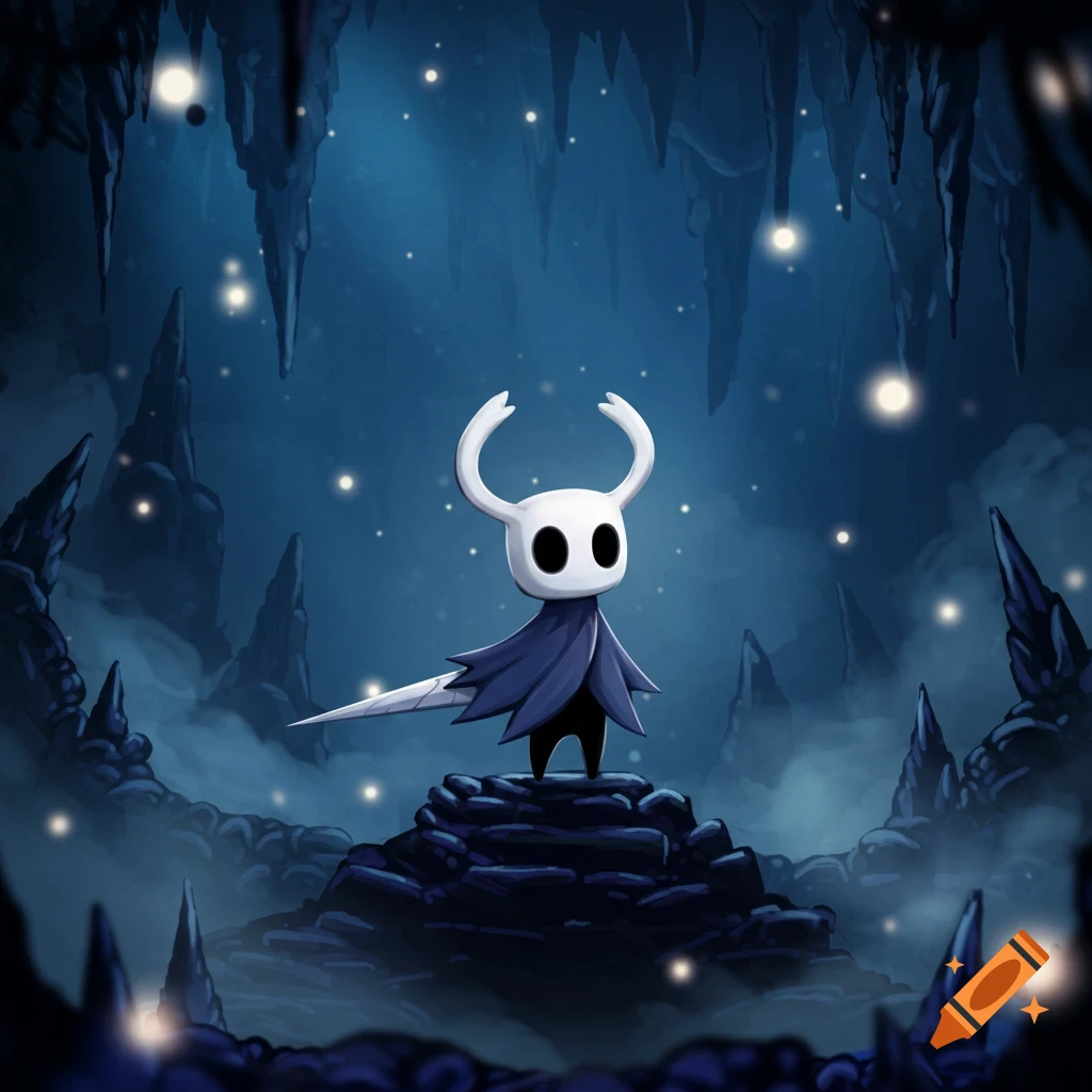 The Knight from Hollow Knight stands on rocks in a glowing, dark blue cavern.