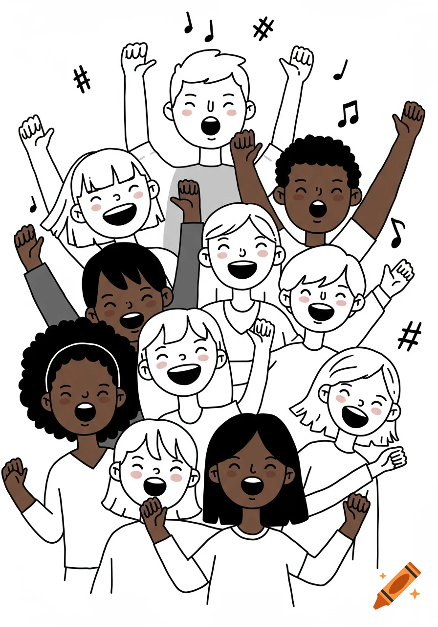 Black and white clipart of a diverse group of happy young people singing with arms raised and musical notes floating around them.