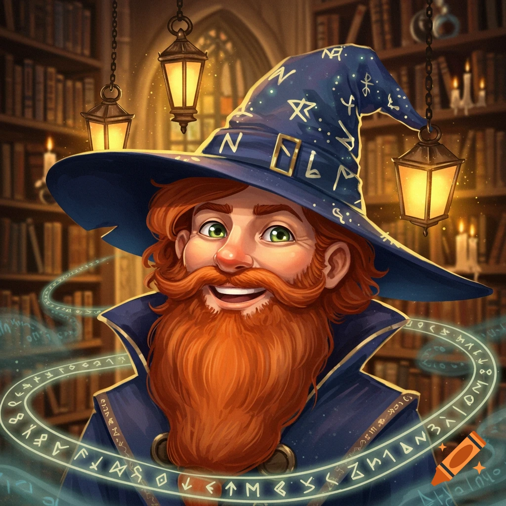 A smiling red-bearded wizard with green eyes and a blue pointed hat covered in runes, surrounded by a glowing magical circle in a cozy library.