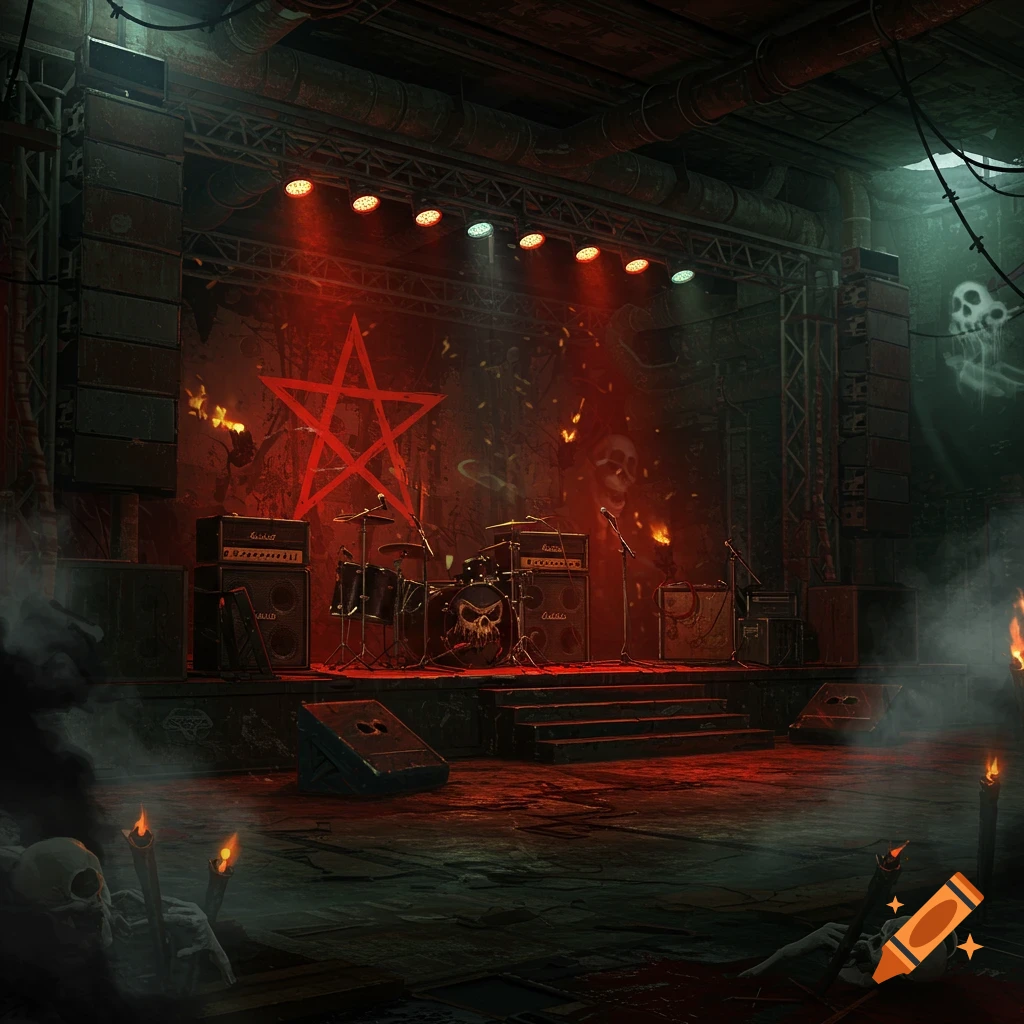 A dark, atmospheric heavy metal concert stage with a red pentagram on the backdrop, surrounded by skulls, flames, and musical instruments.