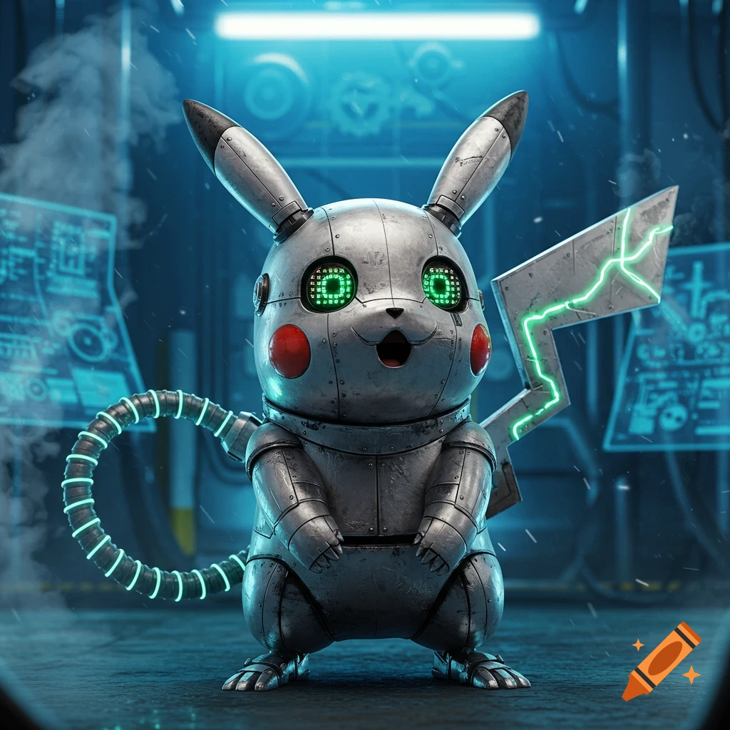 A detailed metallic robot Pikachu with glowing green eyes and red cheeks, featuring a glowing lightning bolt tail, stands in a dark, futuristic workshop.