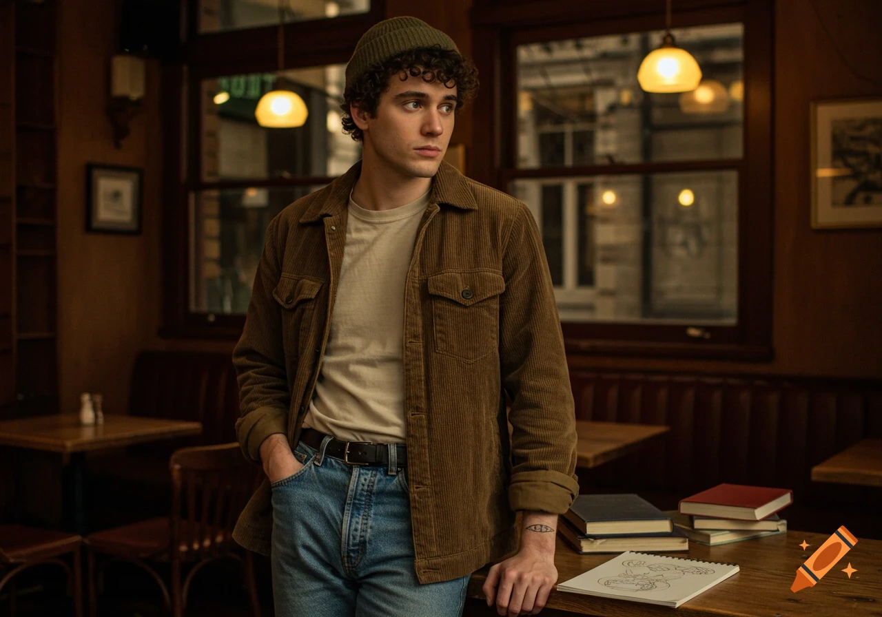 A thoughtful young man with curly hair and a beanie stands in a cozy retro cafe with books and a sketchbook on a table. Photorealistic.