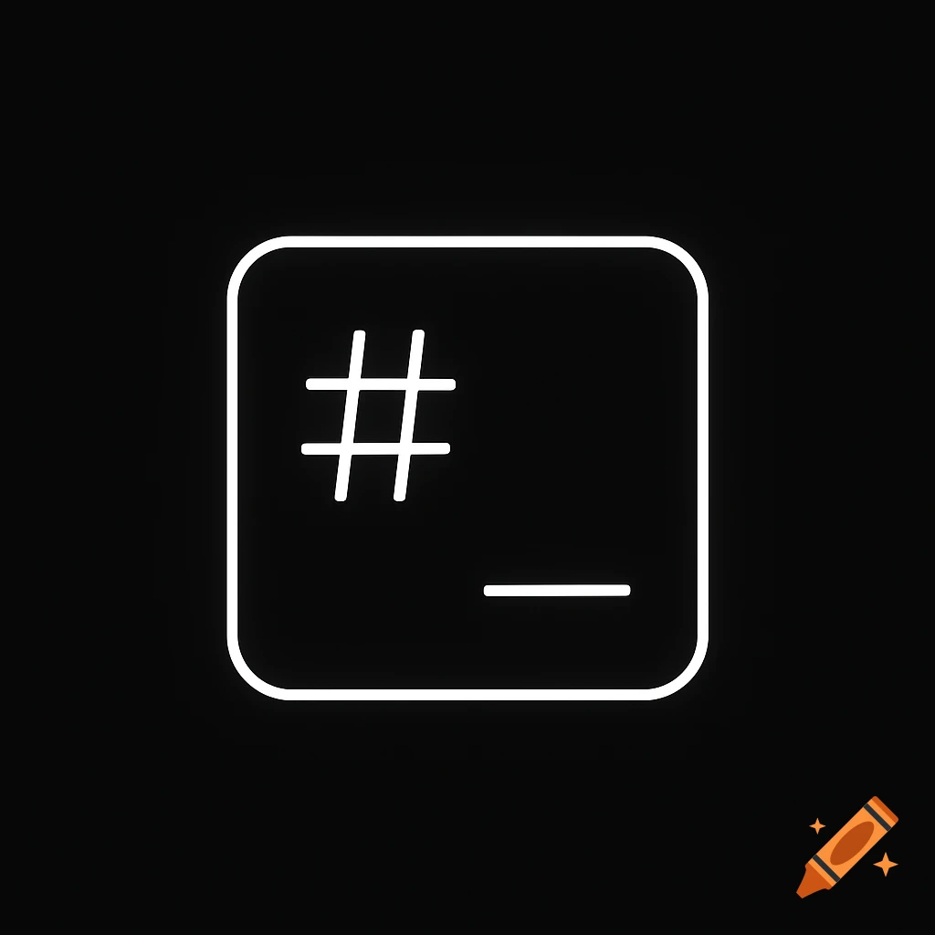 Minimalist white outline icon of a terminal with a hash symbol and an underscore on a black background.