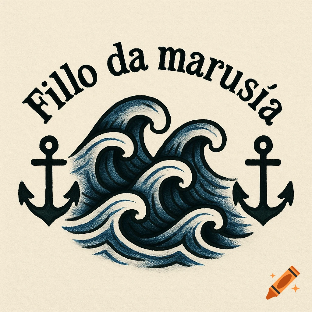 Traditional tattoo illustration with blue waves, two black anchors, and arched text "Fillo da marusía" on a light background.