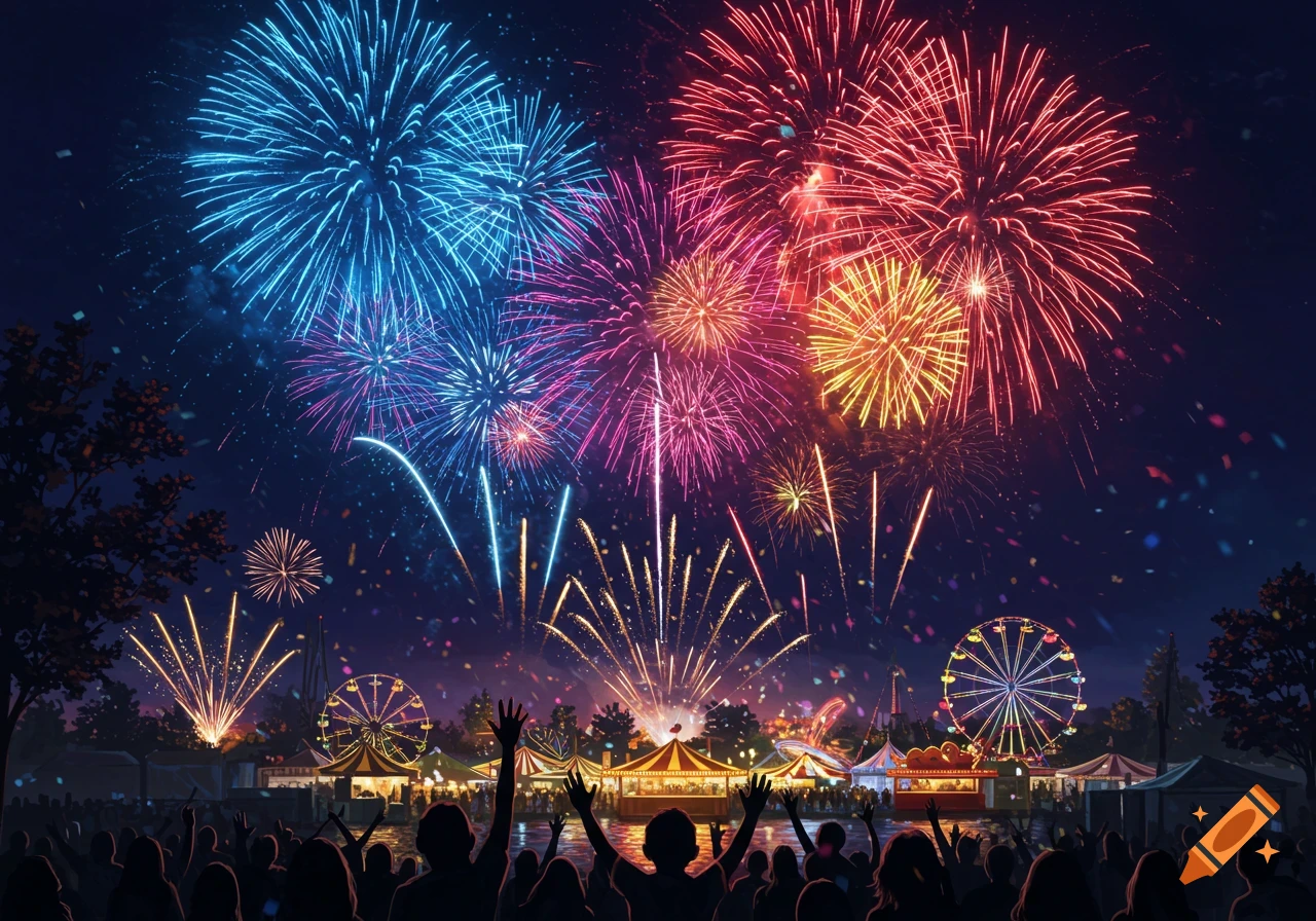 Vibrant blue, red, pink, and yellow fireworks explode over a bustling fairground at night, with a silhouetted crowd watching below.