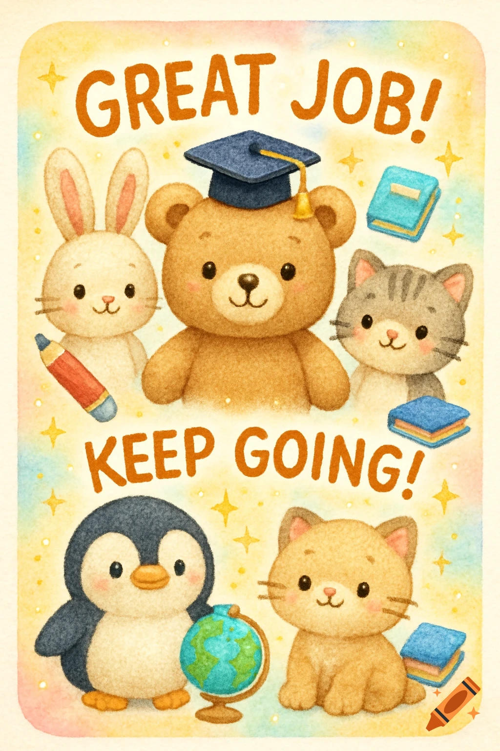 Cute watercolor illustration of a bear in a graduation cap, rabbit, cats, and penguin with school items and motivational text 'GREAT JOB! KEEP GOING!'.