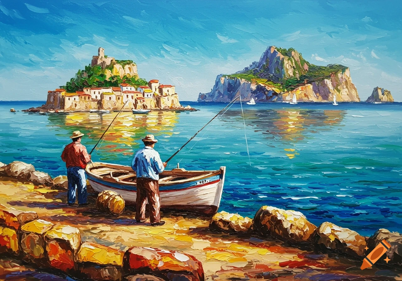 Vibrant impasto oil painting of two fishermen by a rustic boat on a rocky shore, with an island village and steep cliffs across a turquoise sea.