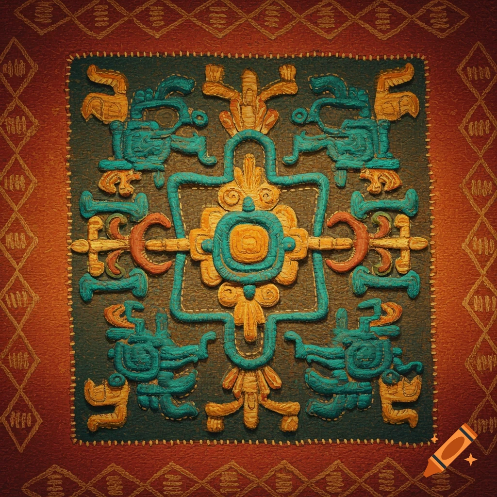 Intricate embroidered Aztec pattern in teal, gold, and orange, framed by a rust-colored border.