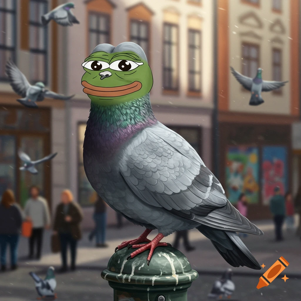 An illustration of a pigeon with Pepe the Frog's head, standing on a green pole in a city street.