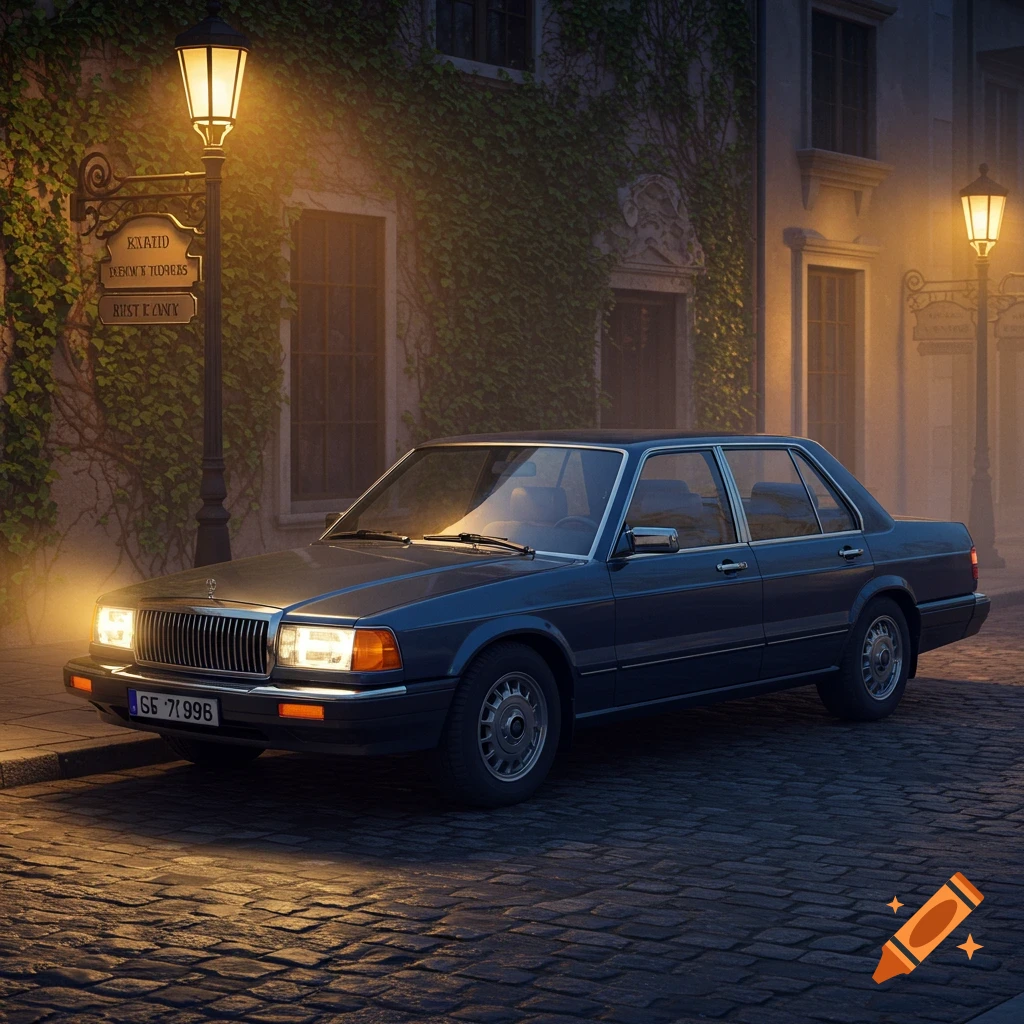 A dark blue classic luxury sedan is parked on a cobblestone street at night under warm glowing streetlights, next to an ivy-covered building.