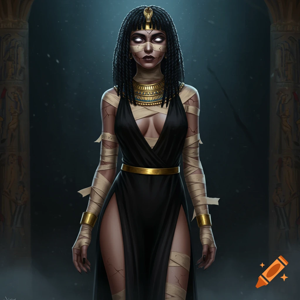 A mummified woman with dark skin, braided hair, blind white eyes, and cracked makeup wears a black dress with gold jewelry and bandages.