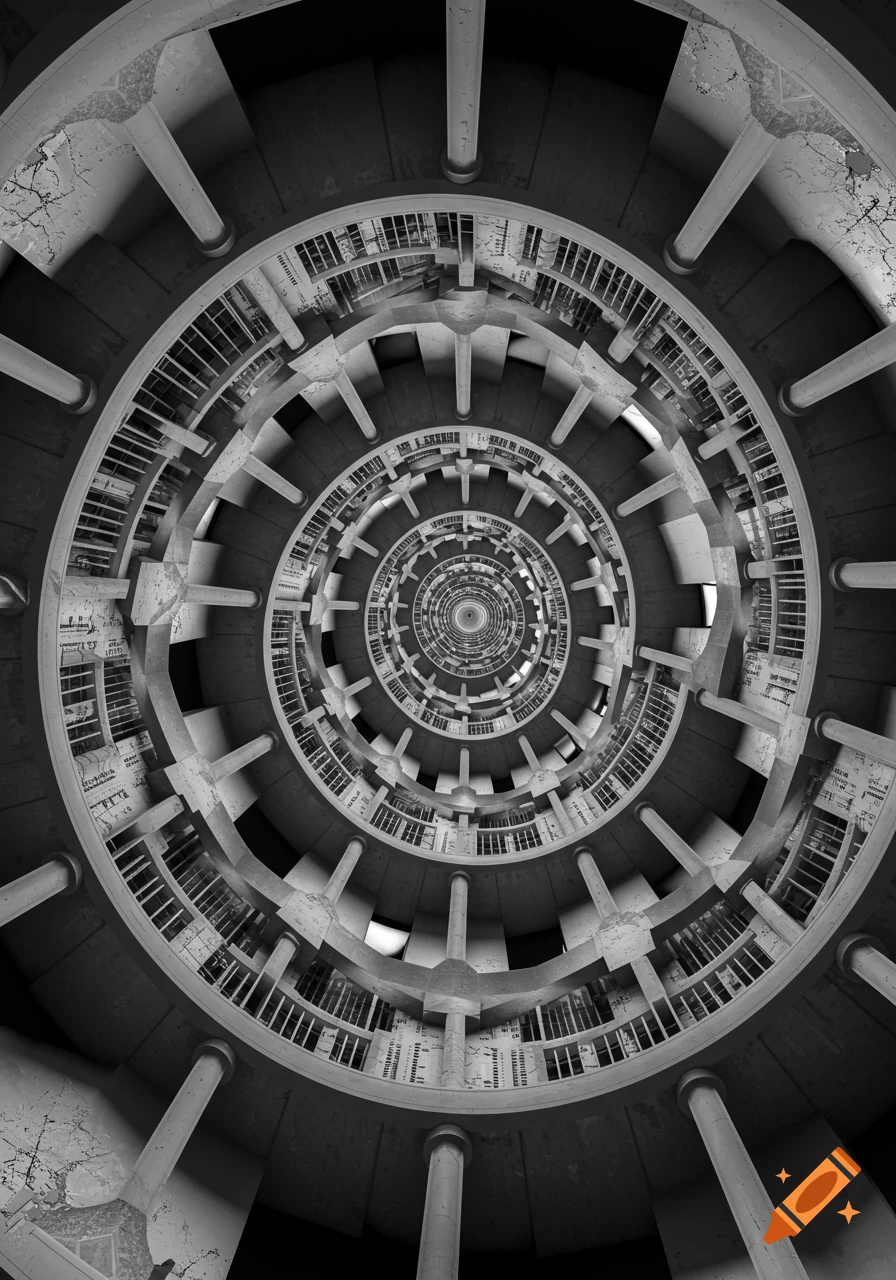 A black and white, intricate spiraling structure in an Escher-like style, looking down into an infinite vortex of balconies and columns.